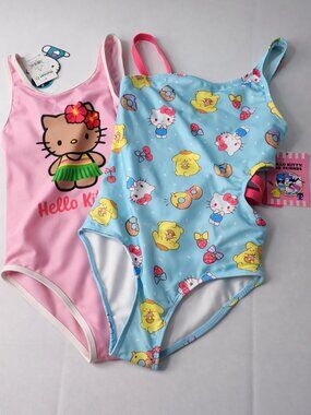 TWO Hello Kitty Girls One Piece Swimsuits Pink & Blue Sanrio NWT Set Size 7/8